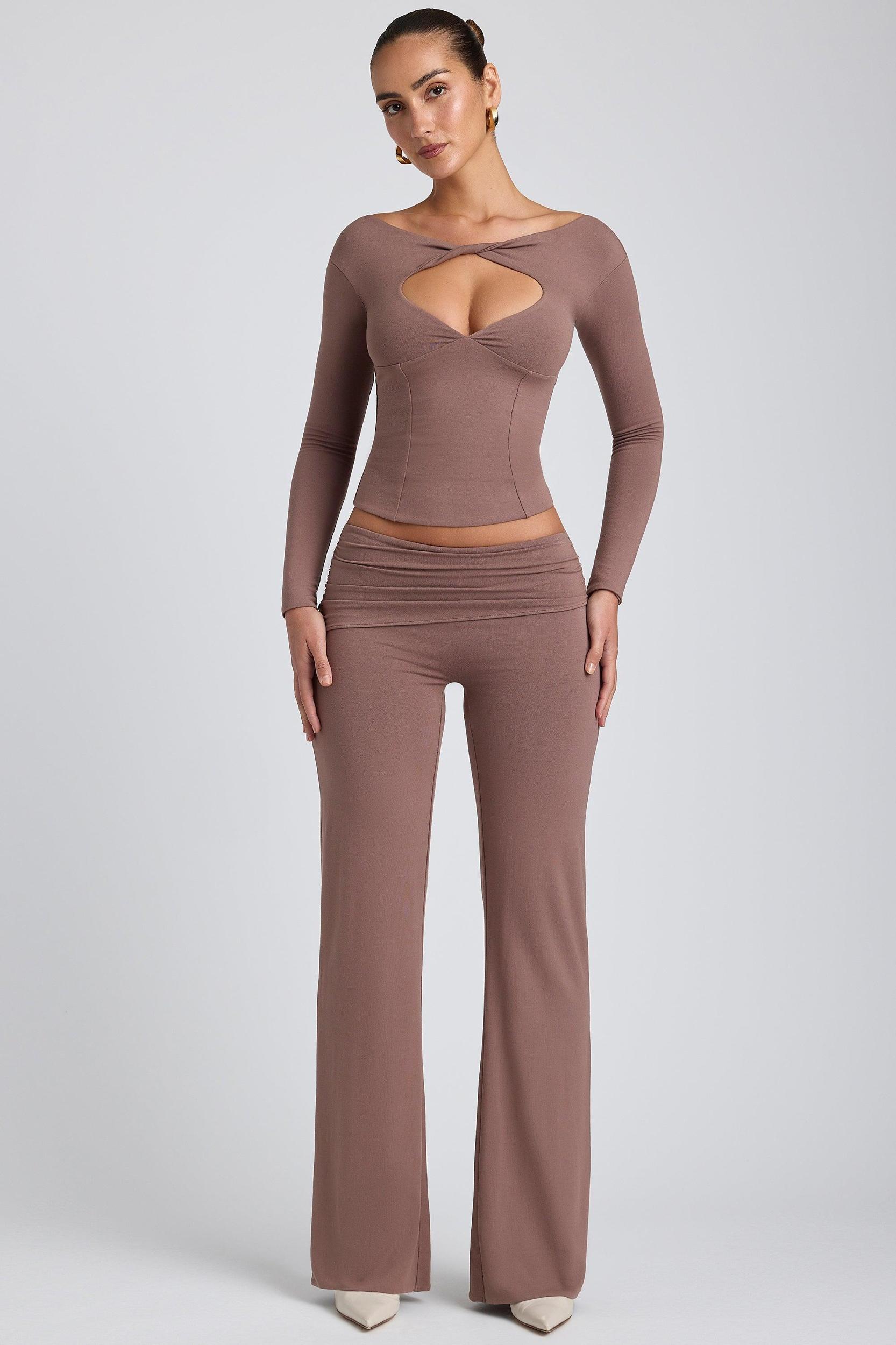Modal Twist-Front Long-Sleeve Crop Top in Taupe Product Image
