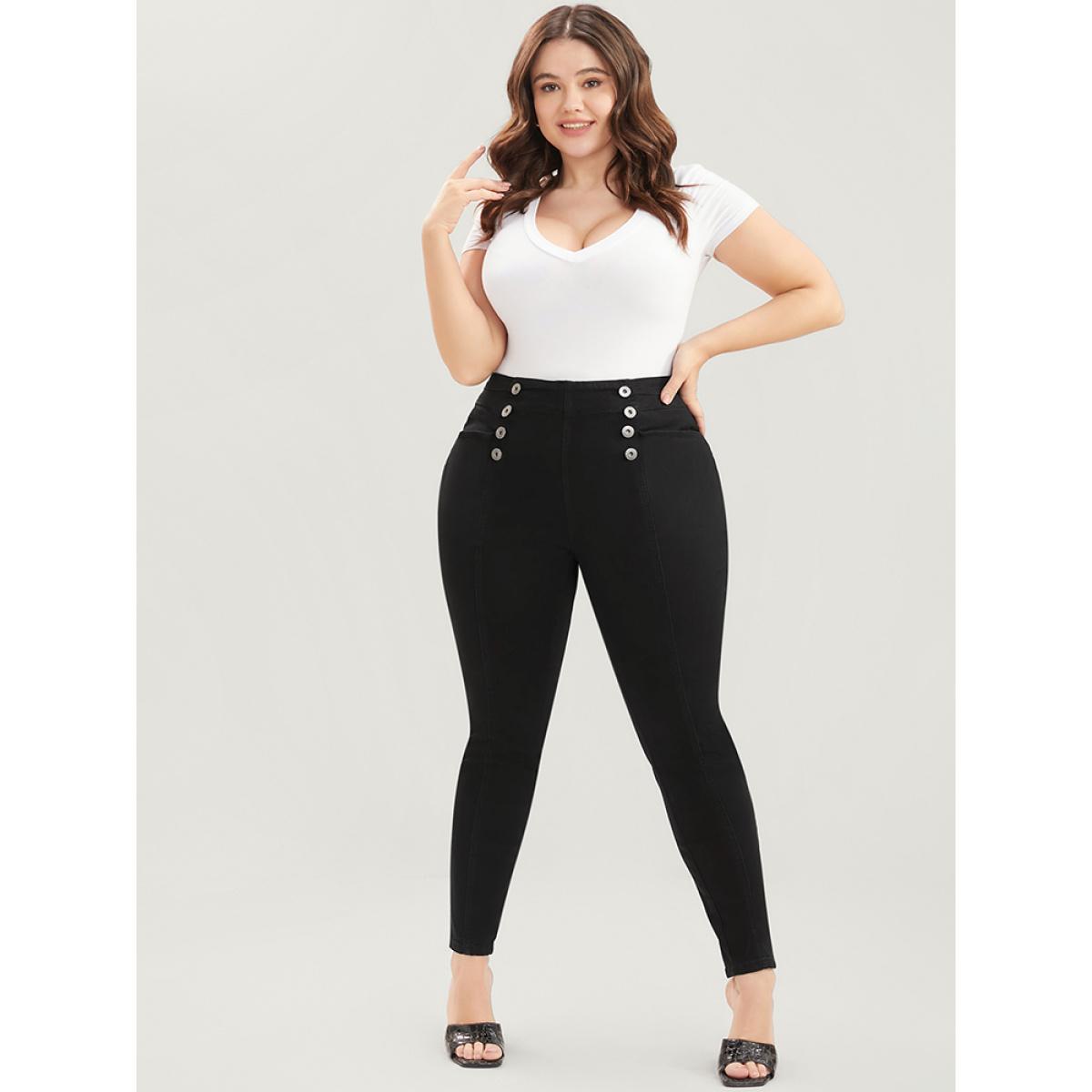 Plus Size Skinny Slightly Stretchy High Rise Black Wash Button Detail Pocket Jeans Women Black Casual Plain Plain Low stretch Pocket Jeans BloomChic 16/1X Product Image