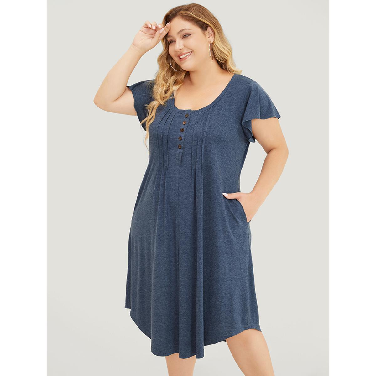 Plus Size Plain Pleated Ruffle Sleeve Pocket Button Up Curved Hem Dress Stone Women Casual Arc Hem Round Neck Cap Sleeve Curvy Midi Dress BloomChic 22-24/3X Product Image