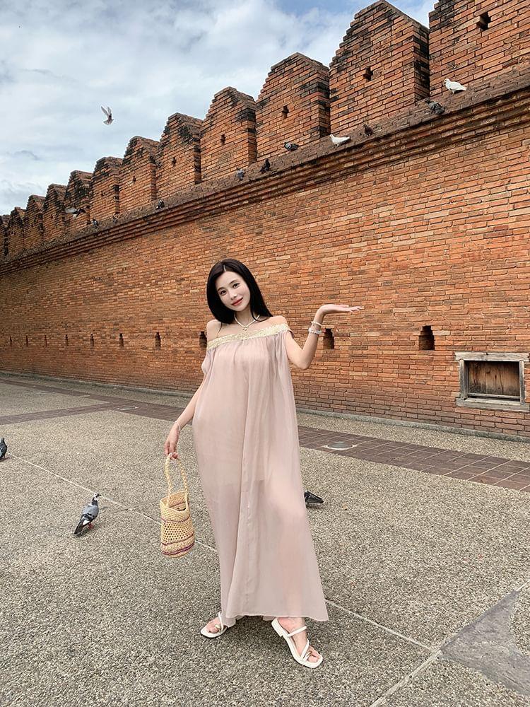 Off-Shoulder Sequin Panel Sheer Maxi Tunic Dress Product Image