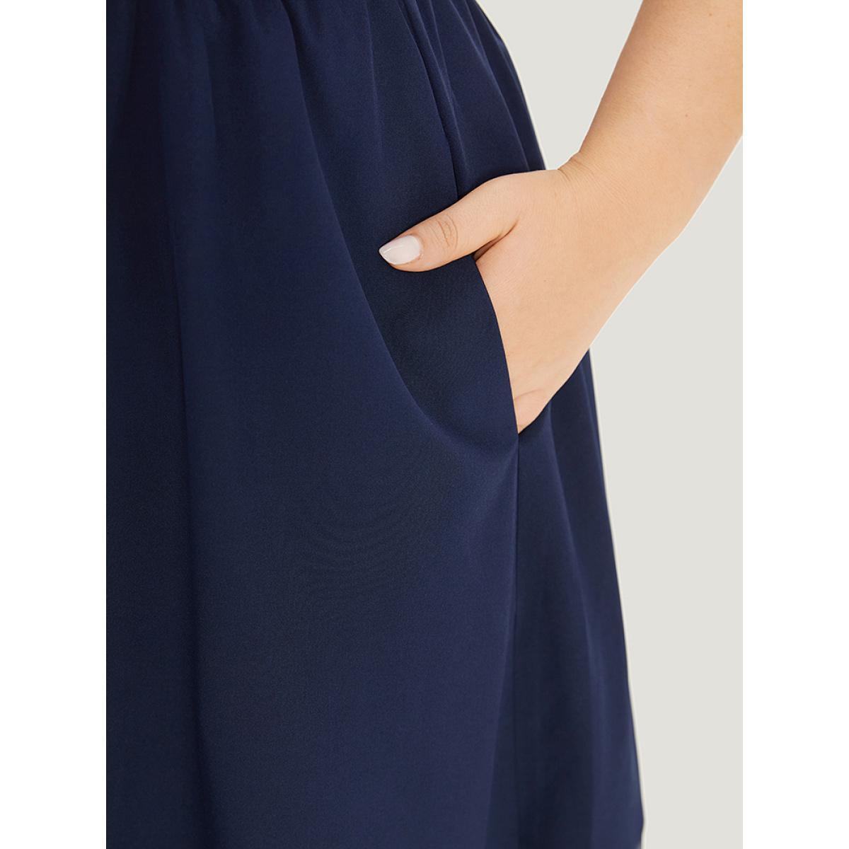 Plus Size Mesh Patchwork Pocket Elastic Waist Gathered Tank Dress DarkBlue Women Elegant Gathered Round Neck Sleeveless Curvy Knee Dress BloomChic 30/6X Product Image