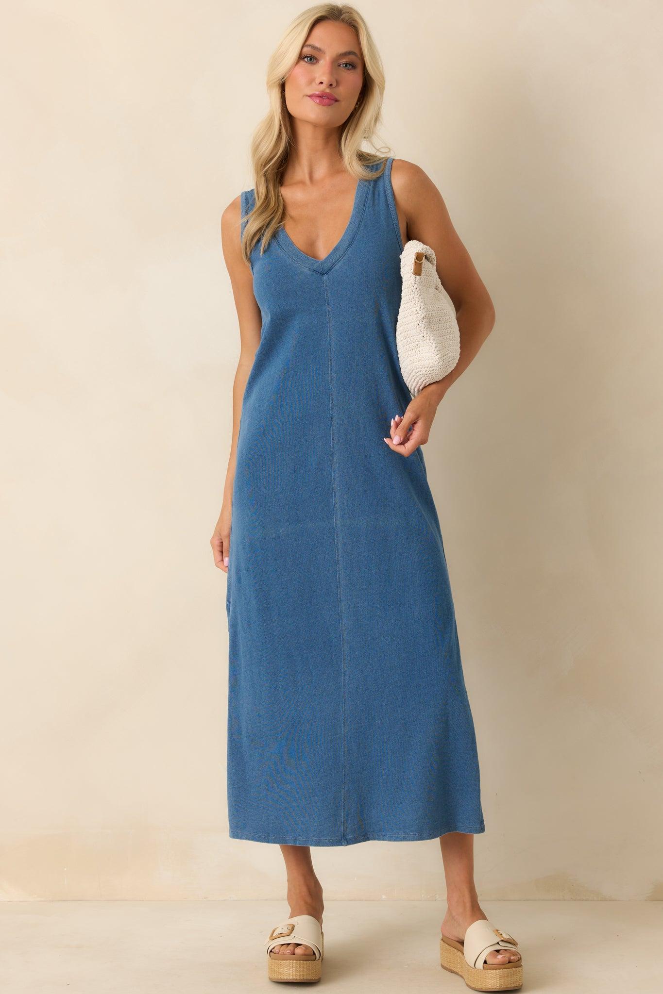 Z Supply Blue Cotton Coastline Jersey Denim Midi Dress Product Image