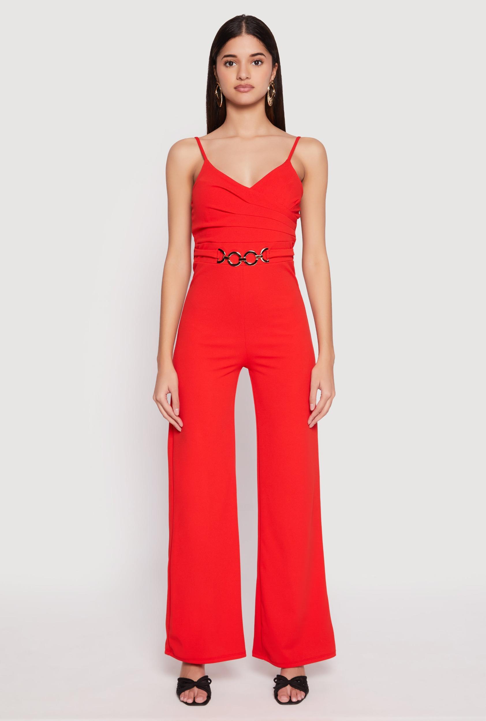 Womens Crepe Knit Chain Belted Front Jumpsuit Product Image