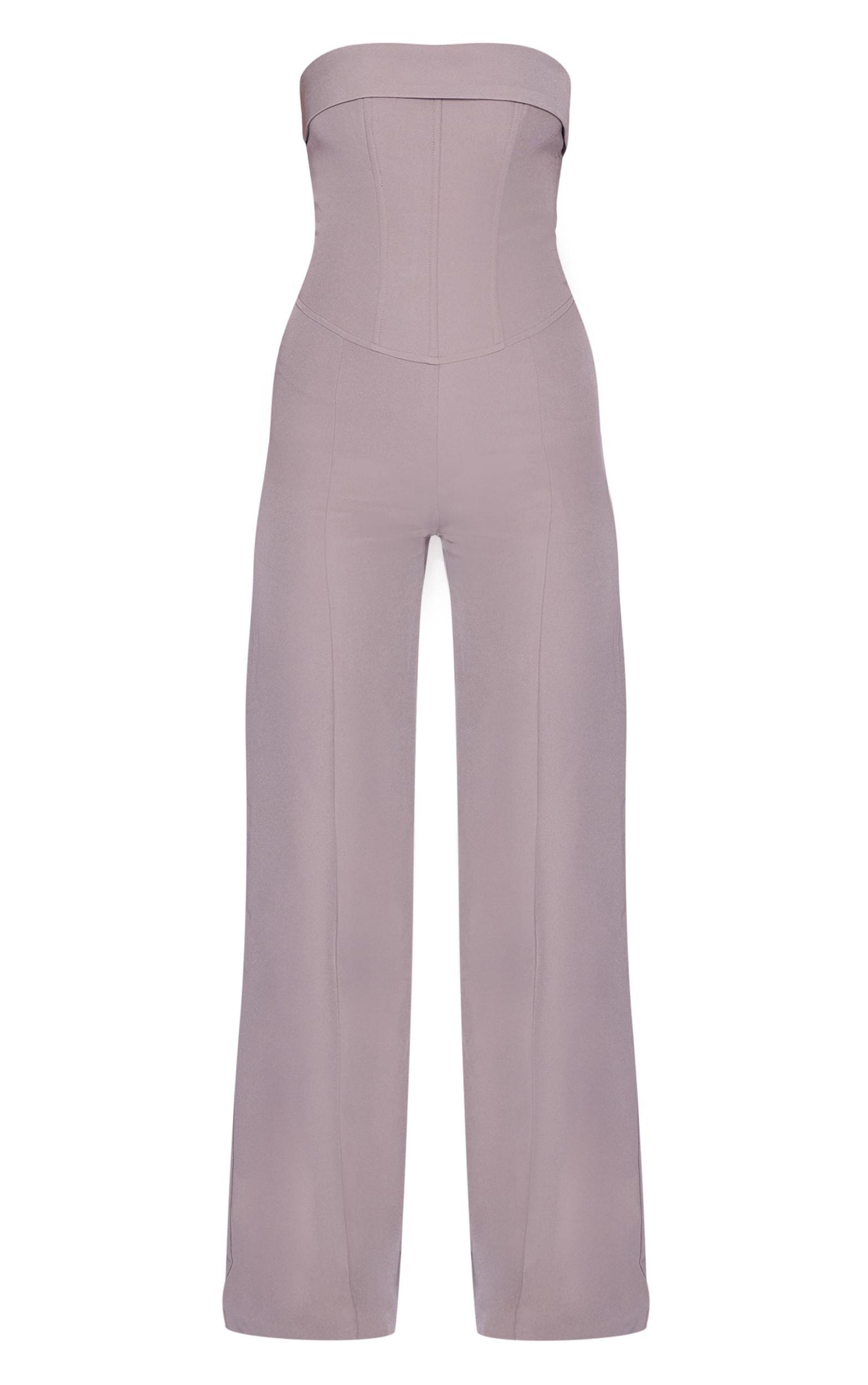 Taupe Premium Woven Bandeau Coreset Straight Leg Jumpsuit Product Image