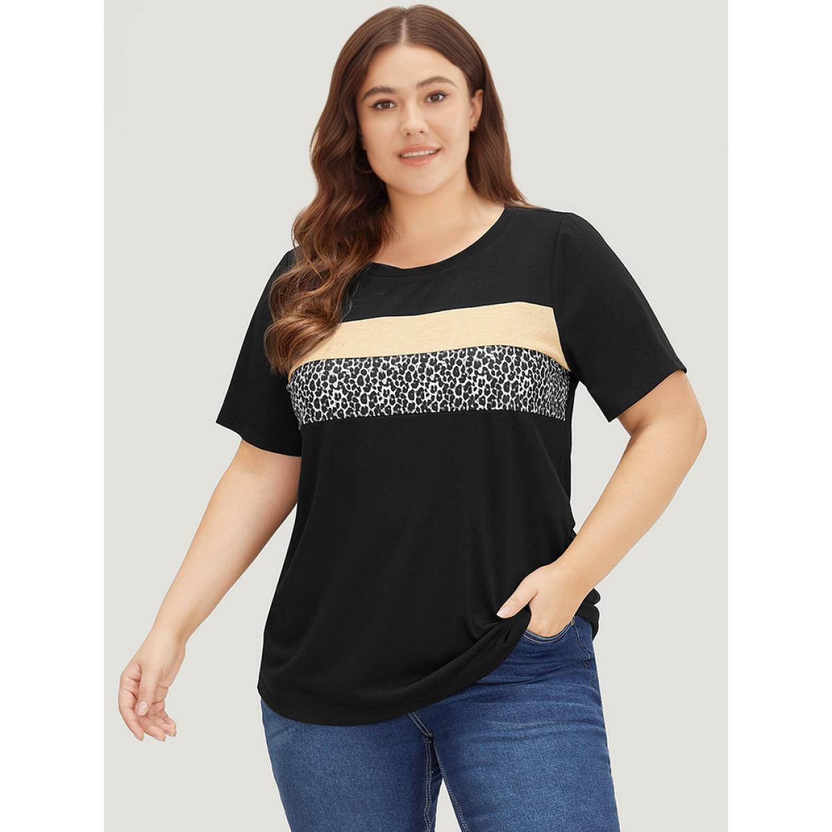 Plus Size Supersoft Essentials Leopard Colorblock Contrast Round Neck T-shirt Multicolor Women Casual Leopard Round Neck Dailywear T-shirts BloomChic 18-20/2X Product Image