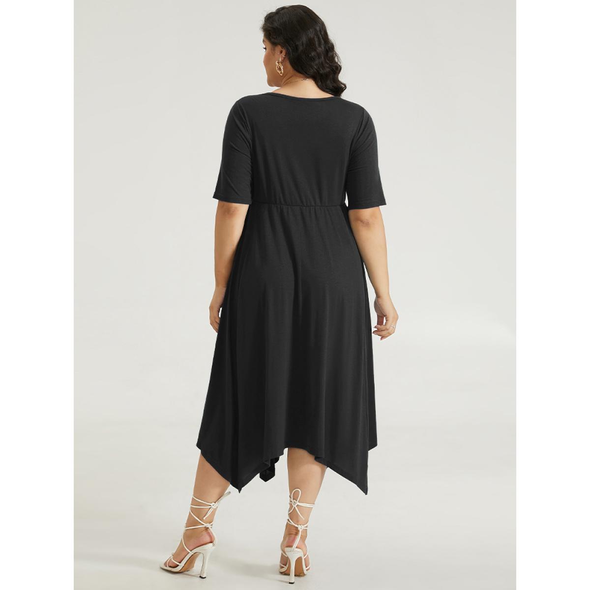 Plus Size Solid Ruched Pocket Asymmetrical Hem Dress Burgundy Women Elegant Gathered V-neck Short sleeve Curvy Midi Dress BloomChic 14-16/1X Product Image