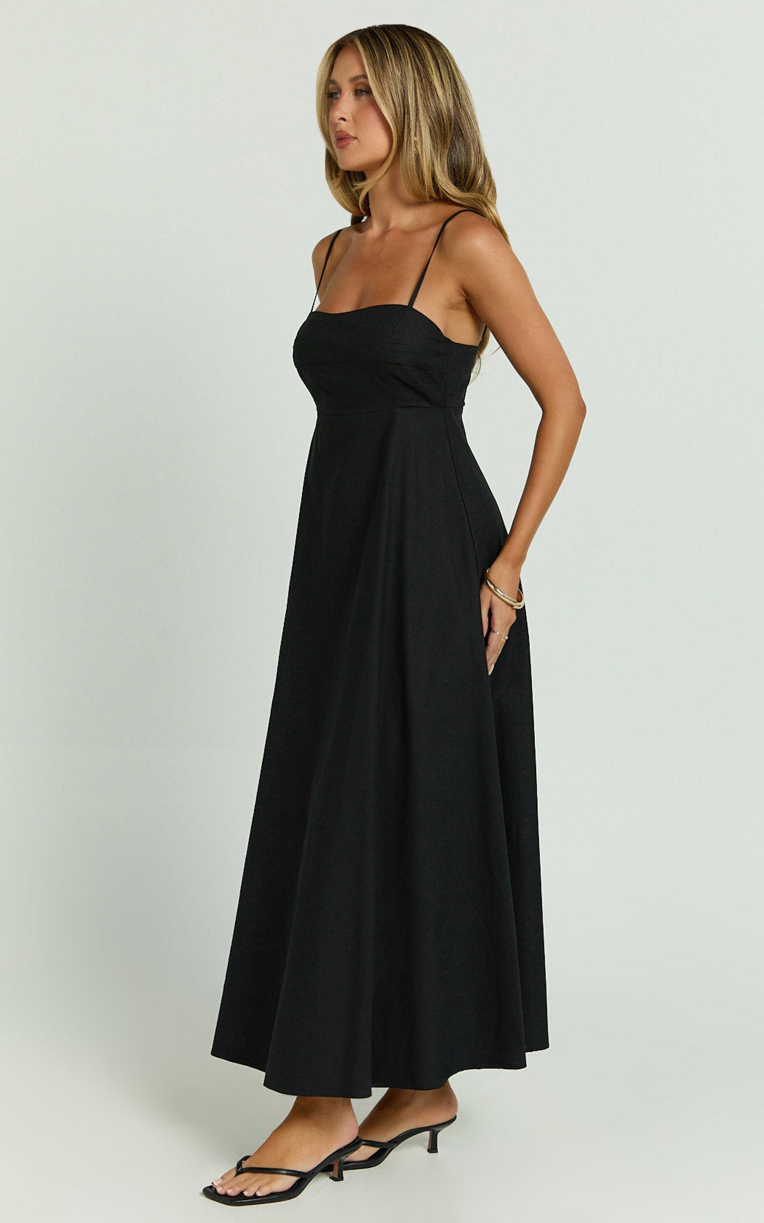 Brette Midi Dress - Linen Straight Neck Strappy Fit And Flare Dress in Black Product Image