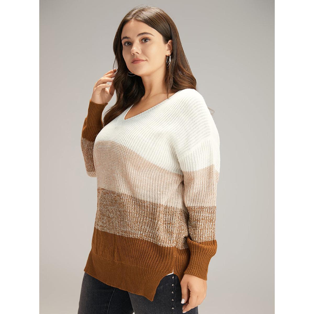 Plus Size Heather Split Side Contrast V Neck Pullover Multicolor Women Casual Loose Long Sleeve V-neck Dailywear Pullovers BloomChic 14-16/1X Product Image