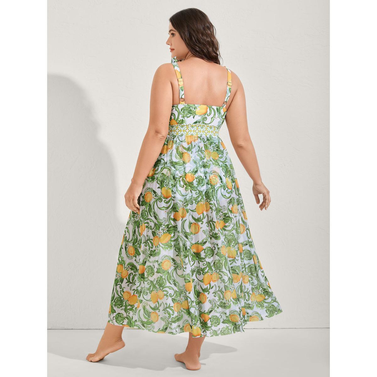 Plus Size Two-Piece Citrus Print Sarong Swimsuit Women's Swimwear Truegreen Beach Tie knot Curve Bathing Suits High stretch One Pieces BloomChic 12/L Product Image