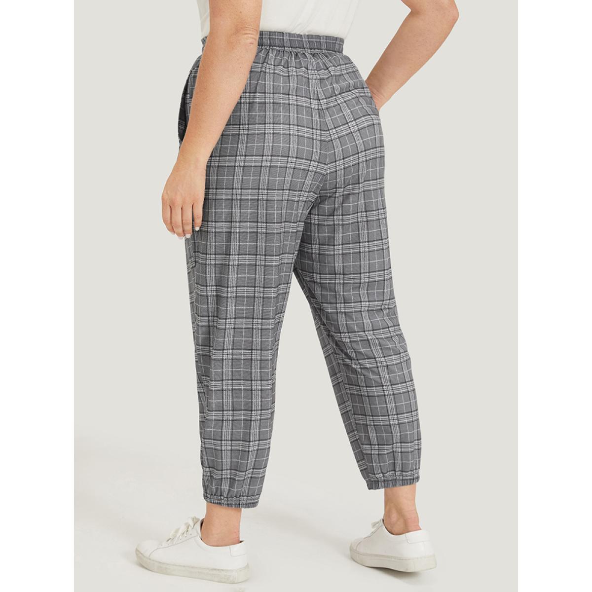 Plaid Drawstring Pocket High Rise Sweatpants SlateGray Plus Size Women Casual Dailywear Cross straps 28/5X Bloomchic Product Image