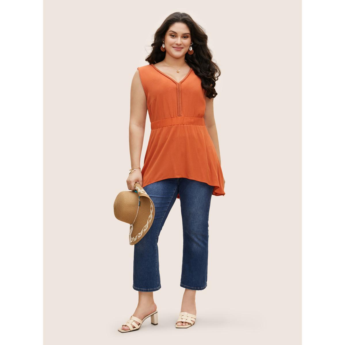 Plus Size Rayon V Neck Contrast Webbing Tank Top Women Brightorange Resort Gathered V-neck Vacation Tank Tops Camis BloomChic 30/6X Product Image