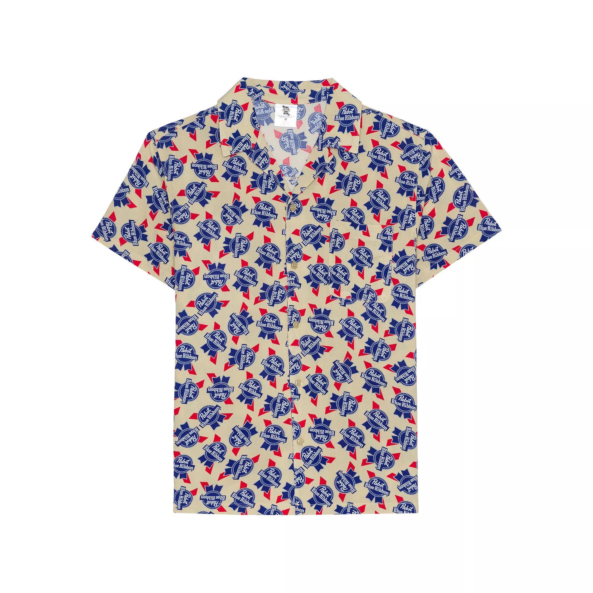 Men's Pabst Blue Ribbon Allover Print Woven Short Sleeve Button-Down Shirt, Size: Small, White Product Image