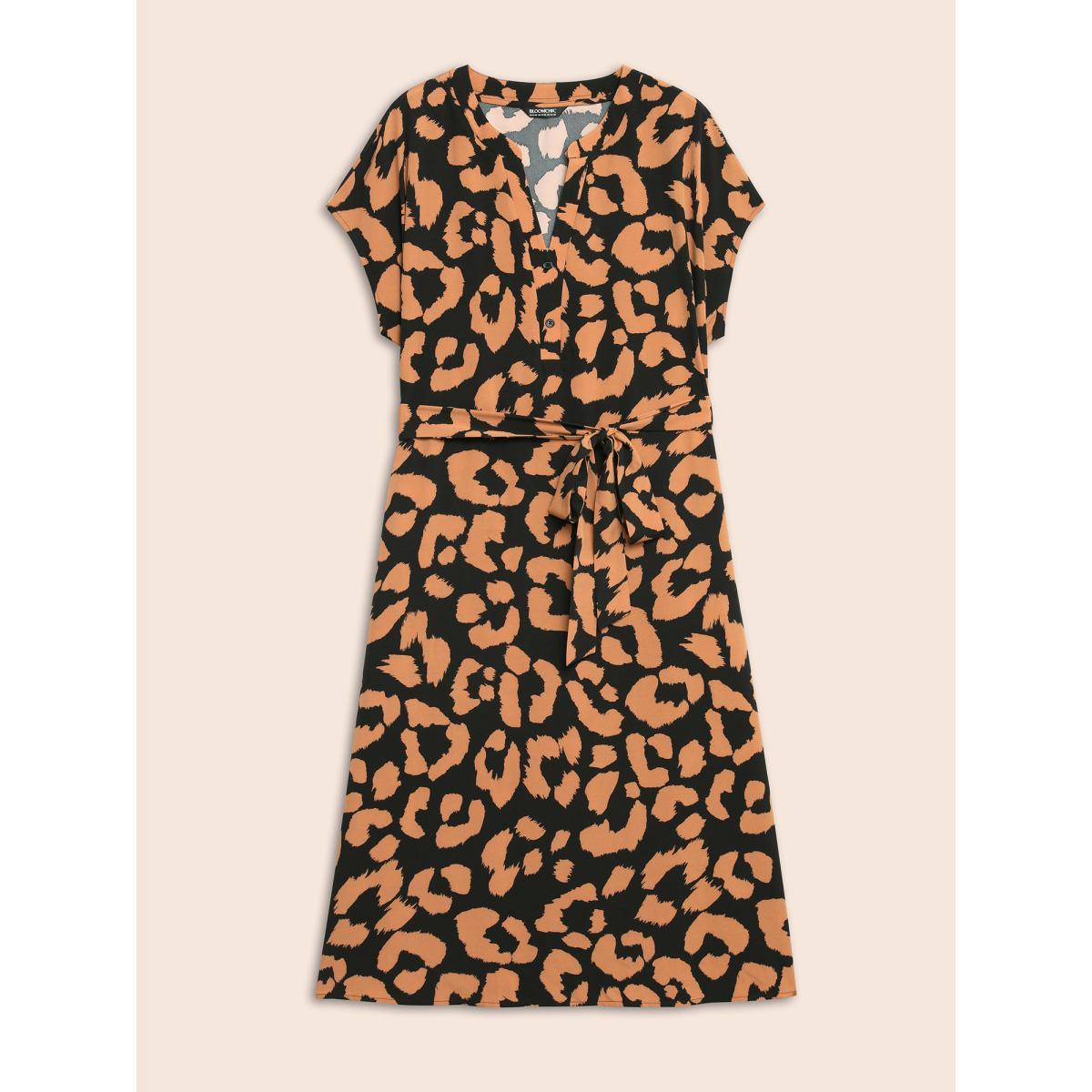 Plus Size Leopard Print Notched Button Detail Dress Bronze Women Elegant Belted Flat collar with V-notch Short sleeve Curvy BloomChic 30/6X Product Image