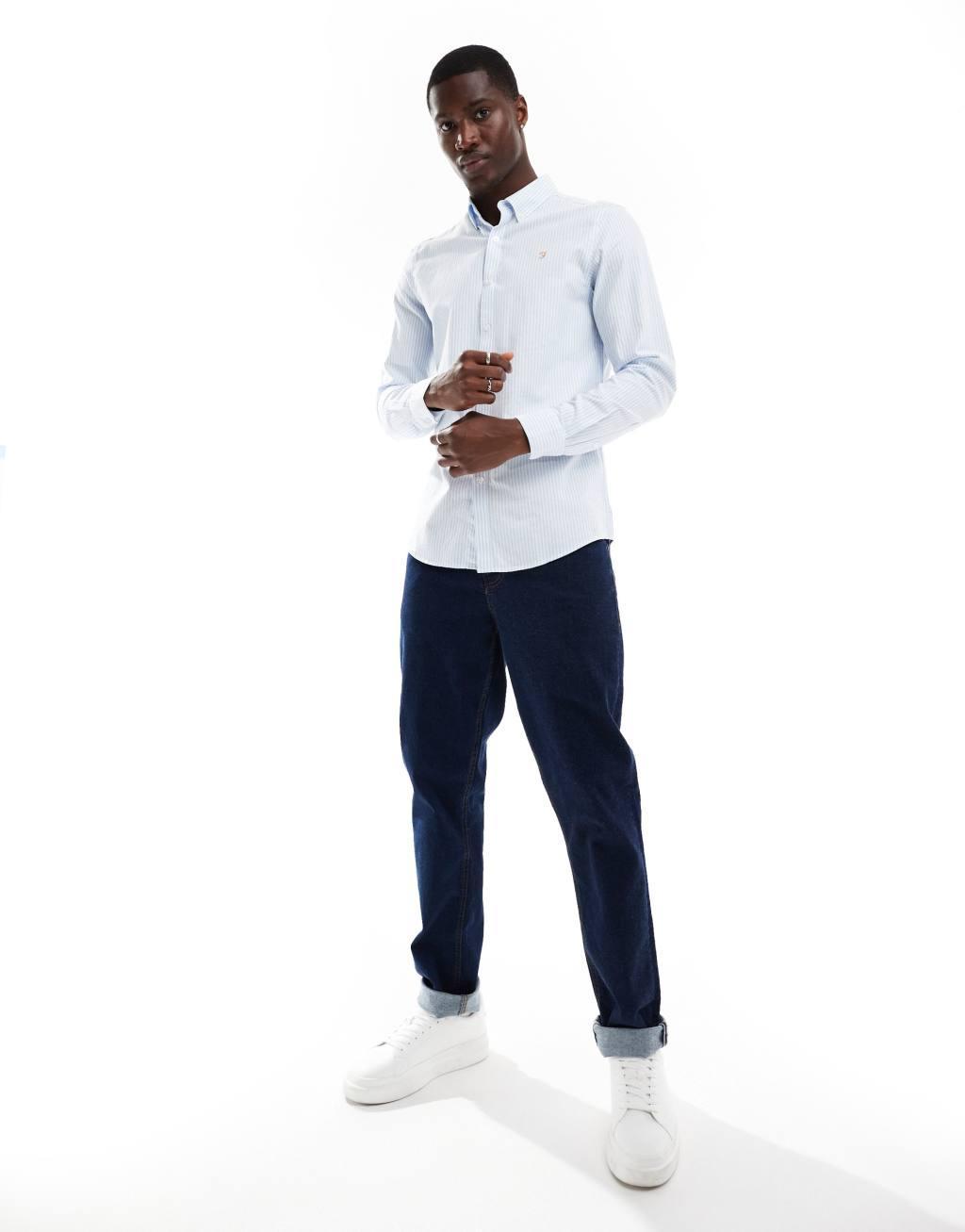 Farah Brewer slim fit long sleeve striped shirt in blue  Product Image