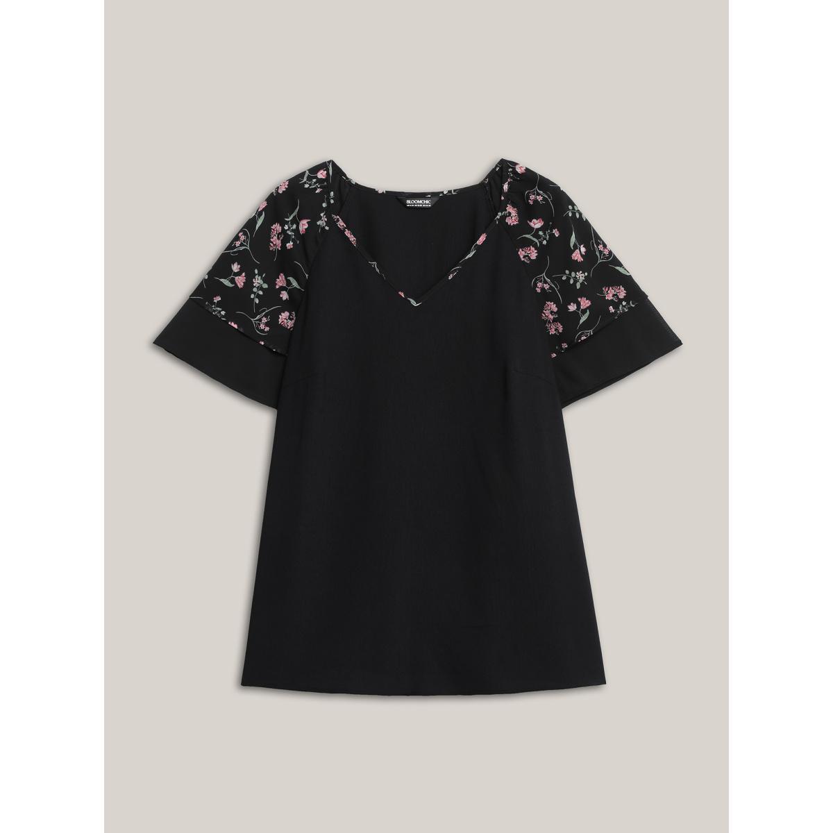 Plus Size Black Floral Layered Sleeve Solid Blouse Women Short sleeve V-neck Everyday-Casual Blouses BloomChic 14-16/1X Product Image