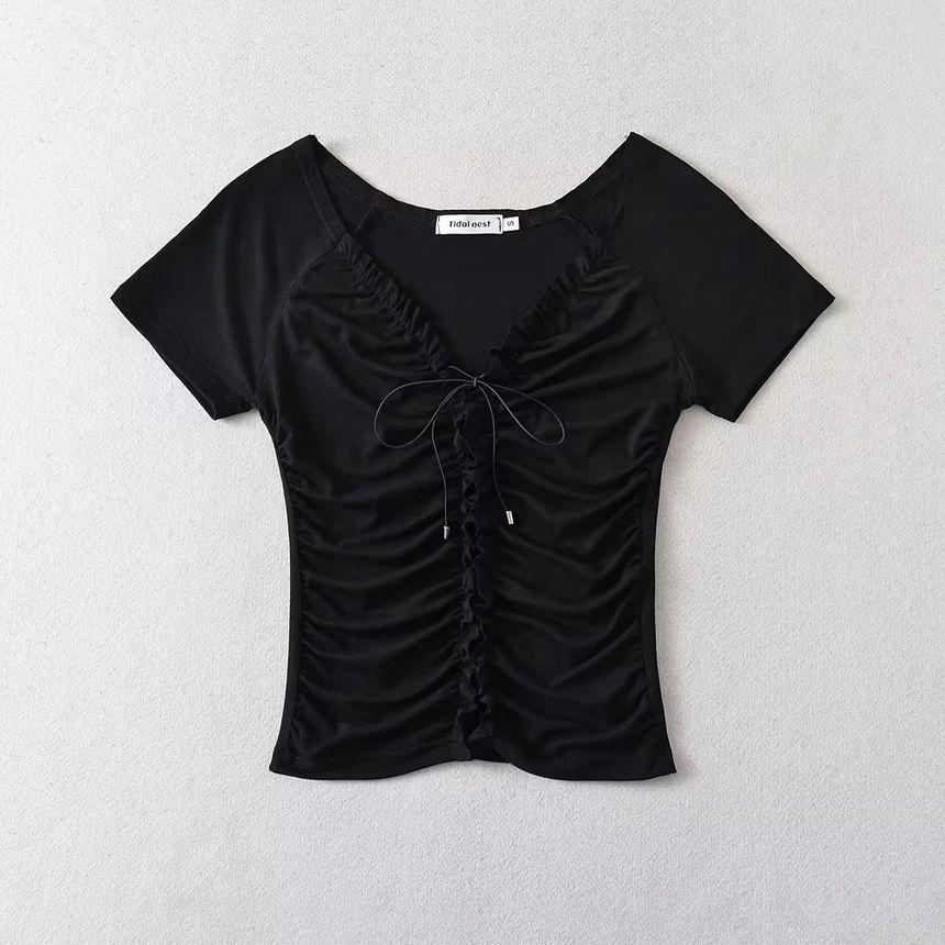 Short Sleeve V-Neck Plain Ruffled-Trim Lace Up Slim-Fit Crop Top Product Image