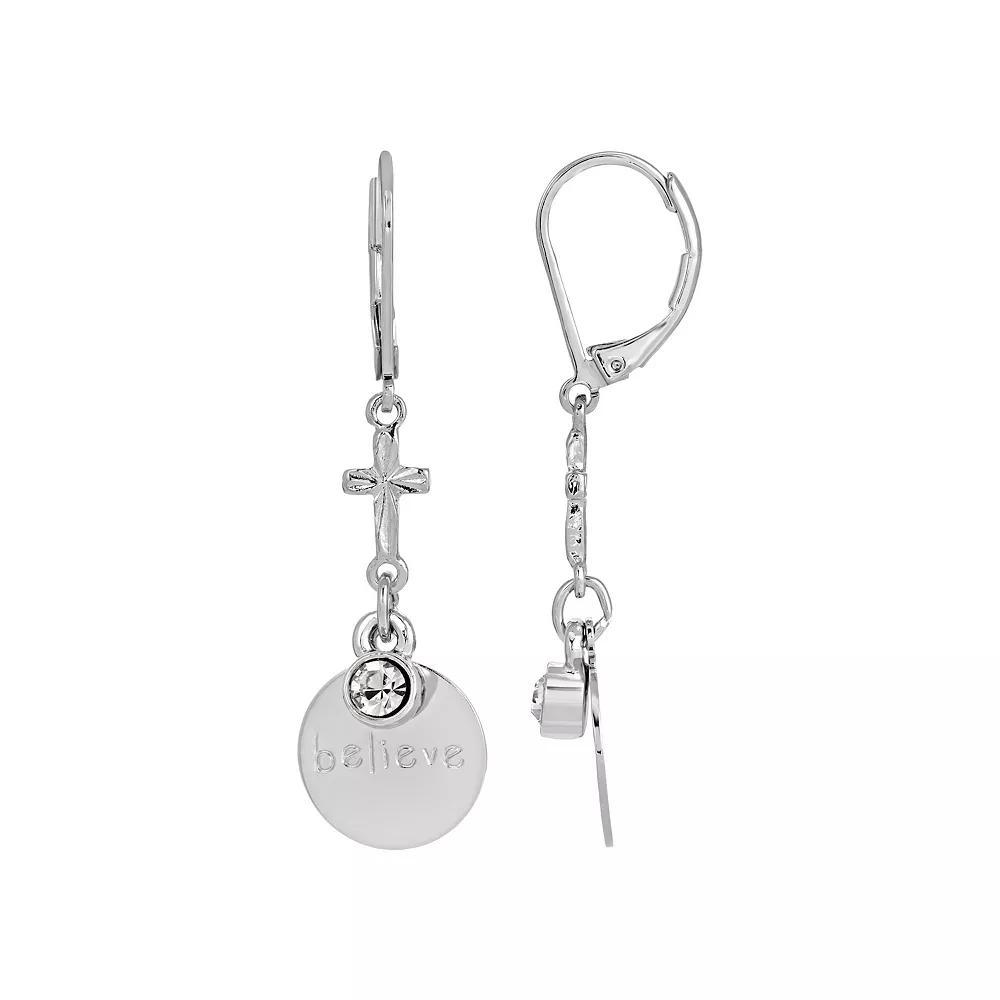 Symbols of Faith Silver Tone Inspirational Simulated Crystal Drop Earrings, Women's, Believe Product Image