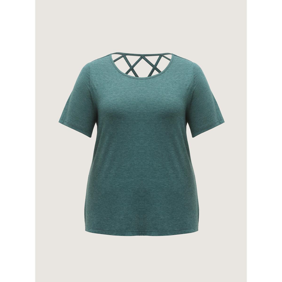 Plus Size Backless Crisscross Solid T-Shirt DarkGreen Women Overlapping Round Neck Everyday-Casual T-shirts BloomChic 28/5X Product Image