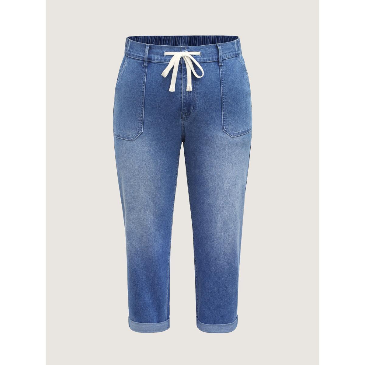 Plus Size Stretch No-Gap Elastic Waist Jeans Women Midblue High stretch Slanted pocket Jeans BloomChic 22/3X Product Image