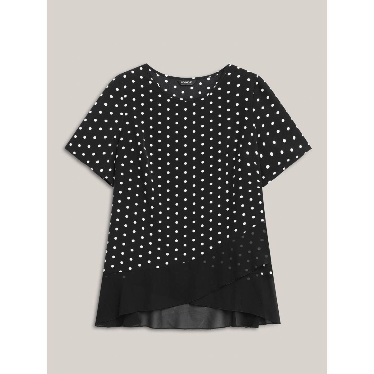 Plus Size Black Polka Dots Spliced Ruffled Hem Shirt Women Short sleeve Round Neck Everyday-Elegant Blouses BloomChic 22-24/3X Product Image