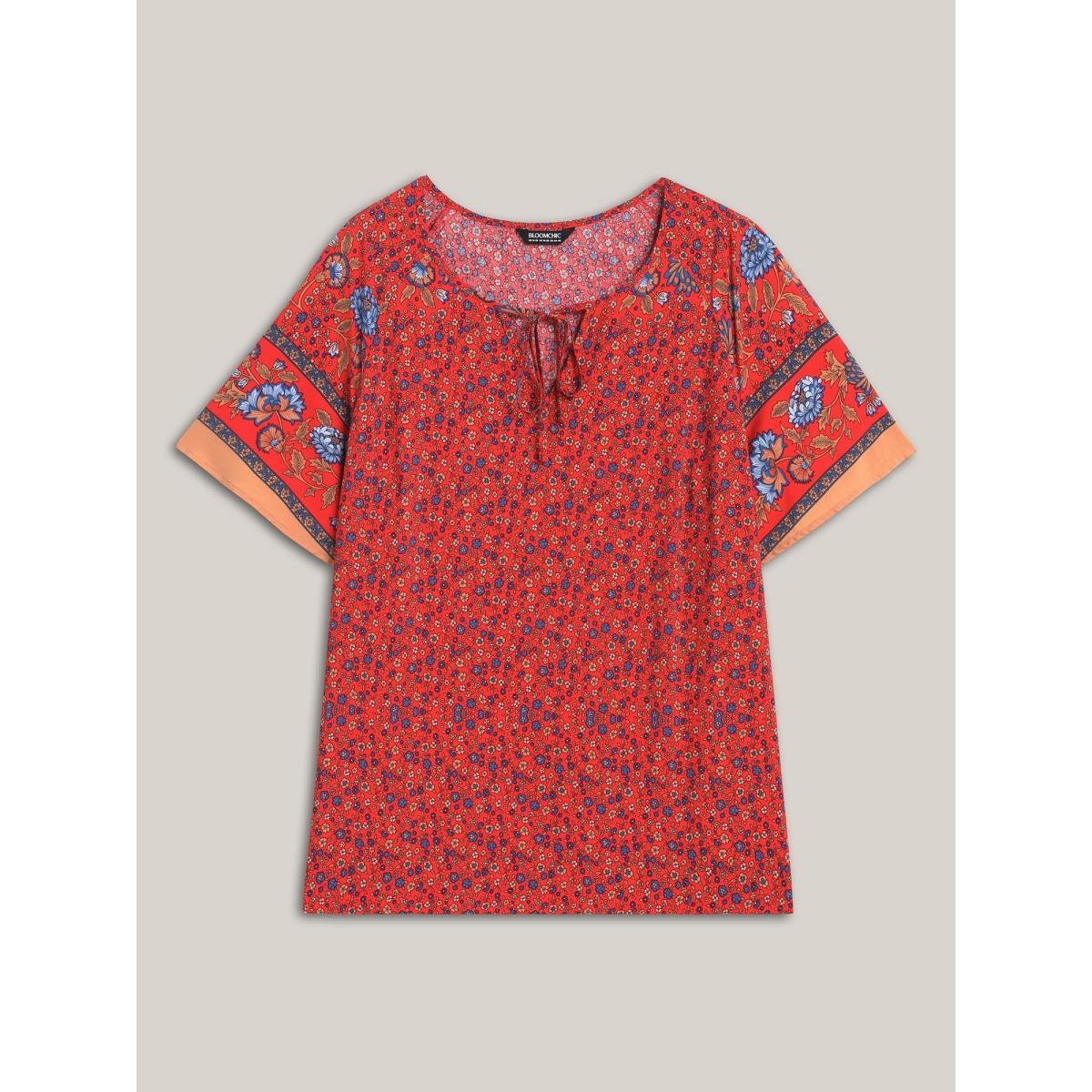 Plus Size Raspberry Floral Print Neck Tie Half Sleeve Blouse Women Resort Short sleeve Notched collar Vacation Blouses BloomChic 10/M Product Image