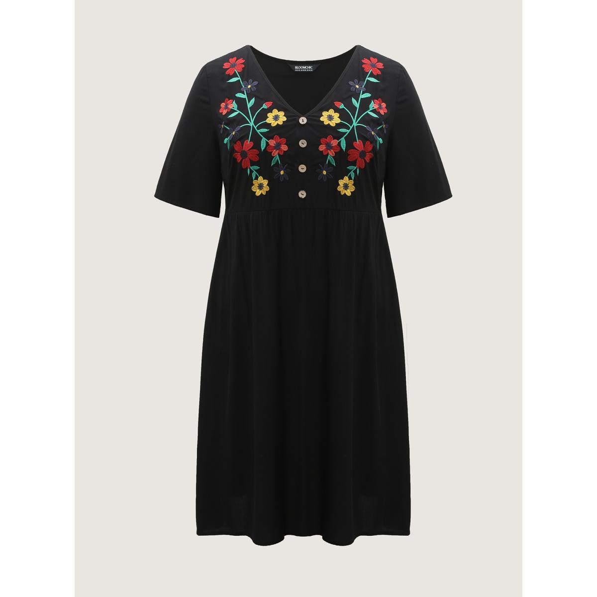 Plus Size Rayon Floral Embroidery Midi Dress Black Women V-neck Half Sleeve Curvy BloomChic 14-16/1X Product Image