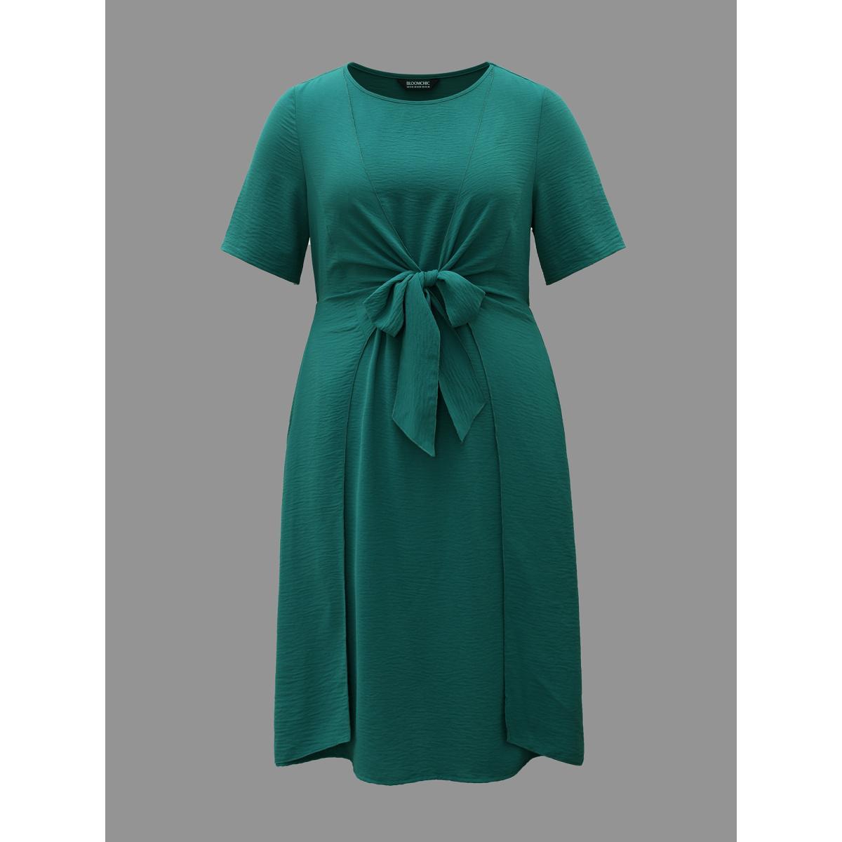 Plus Size 2-in-1 Waist-Tie Pockets Fit & Flare Dress Emerald Women Elegant Overlapping Round Neck Short sleeve Curvy BloomChic 26/4X Product Image