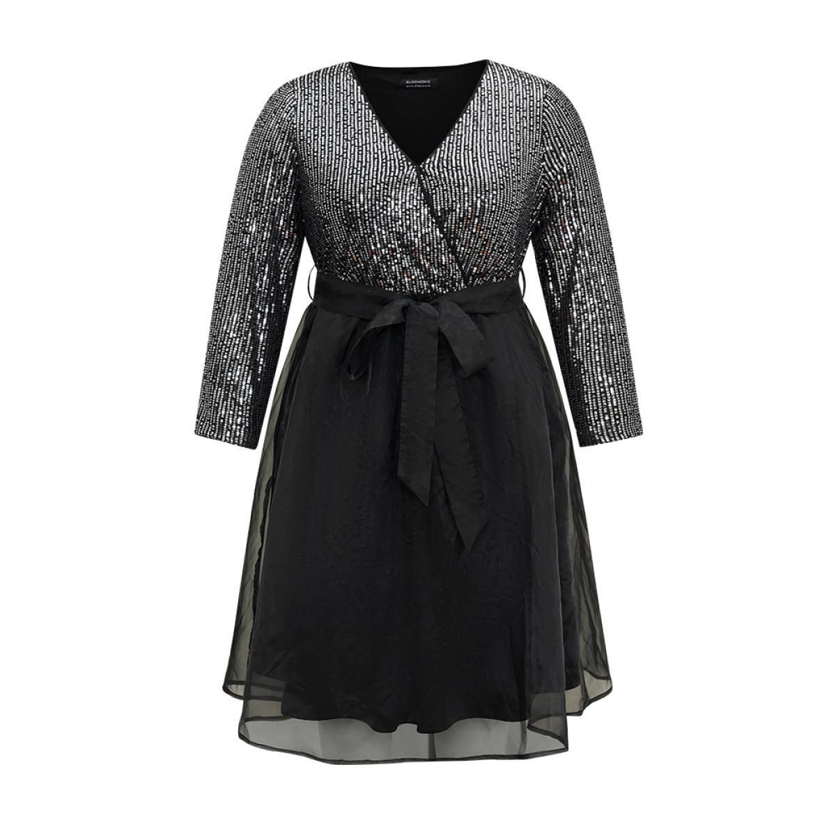 Plus Size Sequin Mesh Patchwork Wrap Belted Dress Black Women Cocktail Sequin Overlap Collar Long Sleeve Curvy Midi Dress BloomChic 18-20/2X Product Image