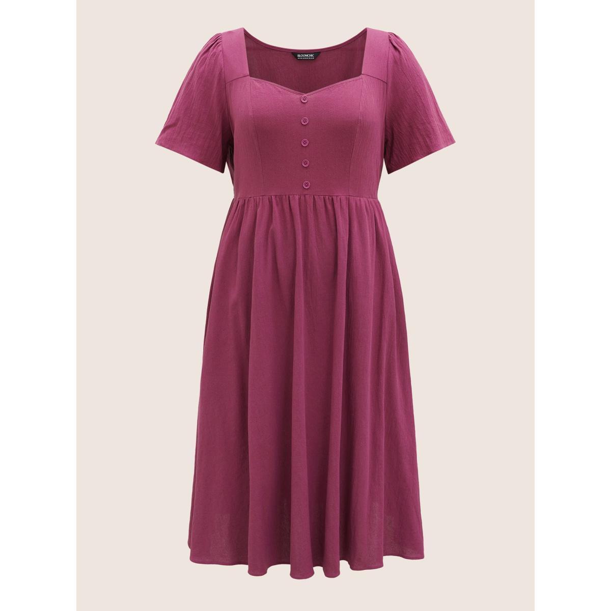 Plus Size Cotton Square Neckline Midi Dress RedViolet Women Elegant Texture Heart neckline Short sleeve Curvy BloomChic 28/5X Product Image