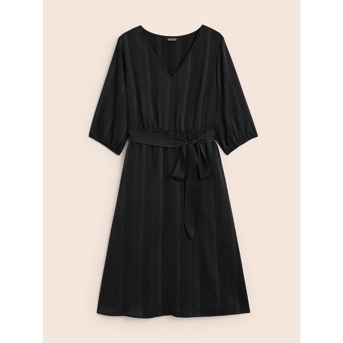 Plus Size Texture Lantern Sleeve Belted Midi Dress Black Women Workwear Essentials Texture V-neck Elbow-length sleeve Curvy BloomChic 18-20/2X Product Image