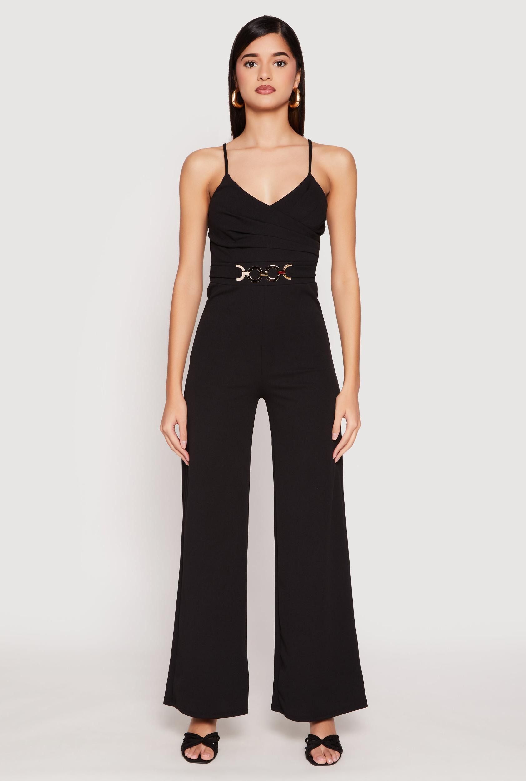 Womens Crepe Knit Chain Belted Front Jumpsuit Product Image