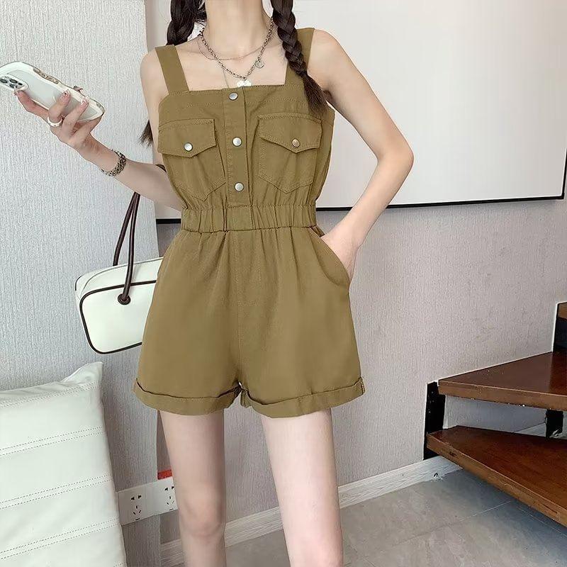 Sleeveless Roll Up Hem Denim Wide Leg Romper Product Image