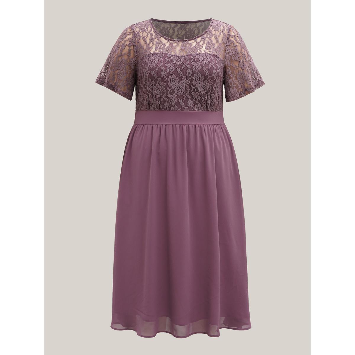 Plus Size Chiffon Lace Waist-Defining Midi Dress Heather Women Elegant Texture Round Neck Short sleeve Curvy BloomChic 14-16/1X Product Image