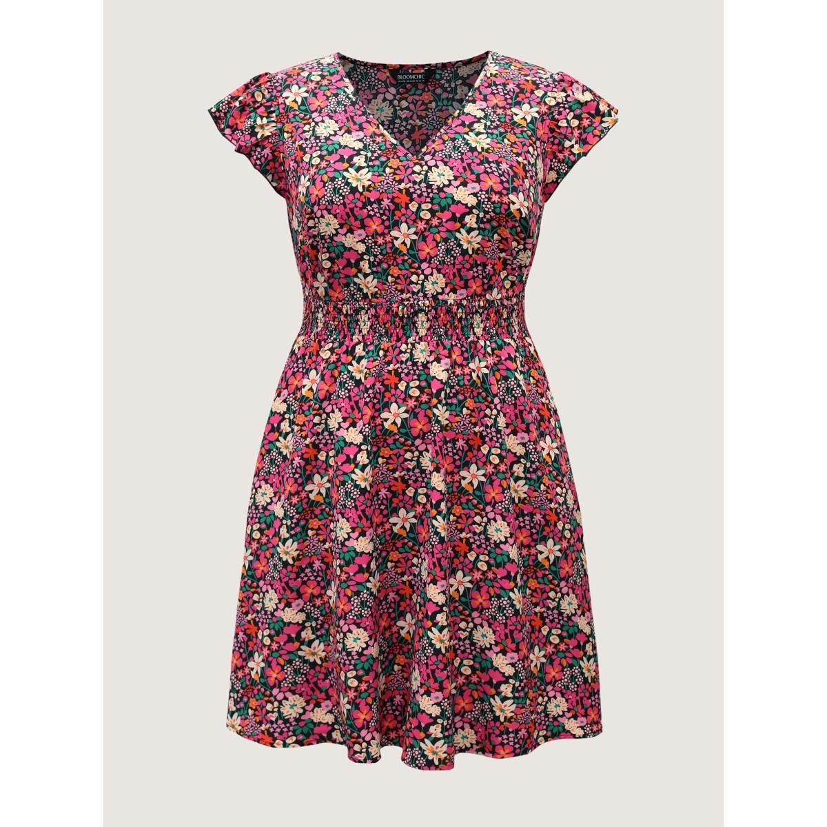 Plus Size Floral Print Shirred Waist Ruffled Midi Dress Peach Women V-neck Short sleeve Curvy BloomChic 28/5X Product Image
