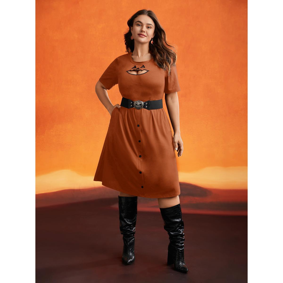 Plus Size Stretch Fabric Pumpkin Cut Out Midi Dress Coral Women Cocktail Button Party Curvy Bloomchic 10/M Product Image