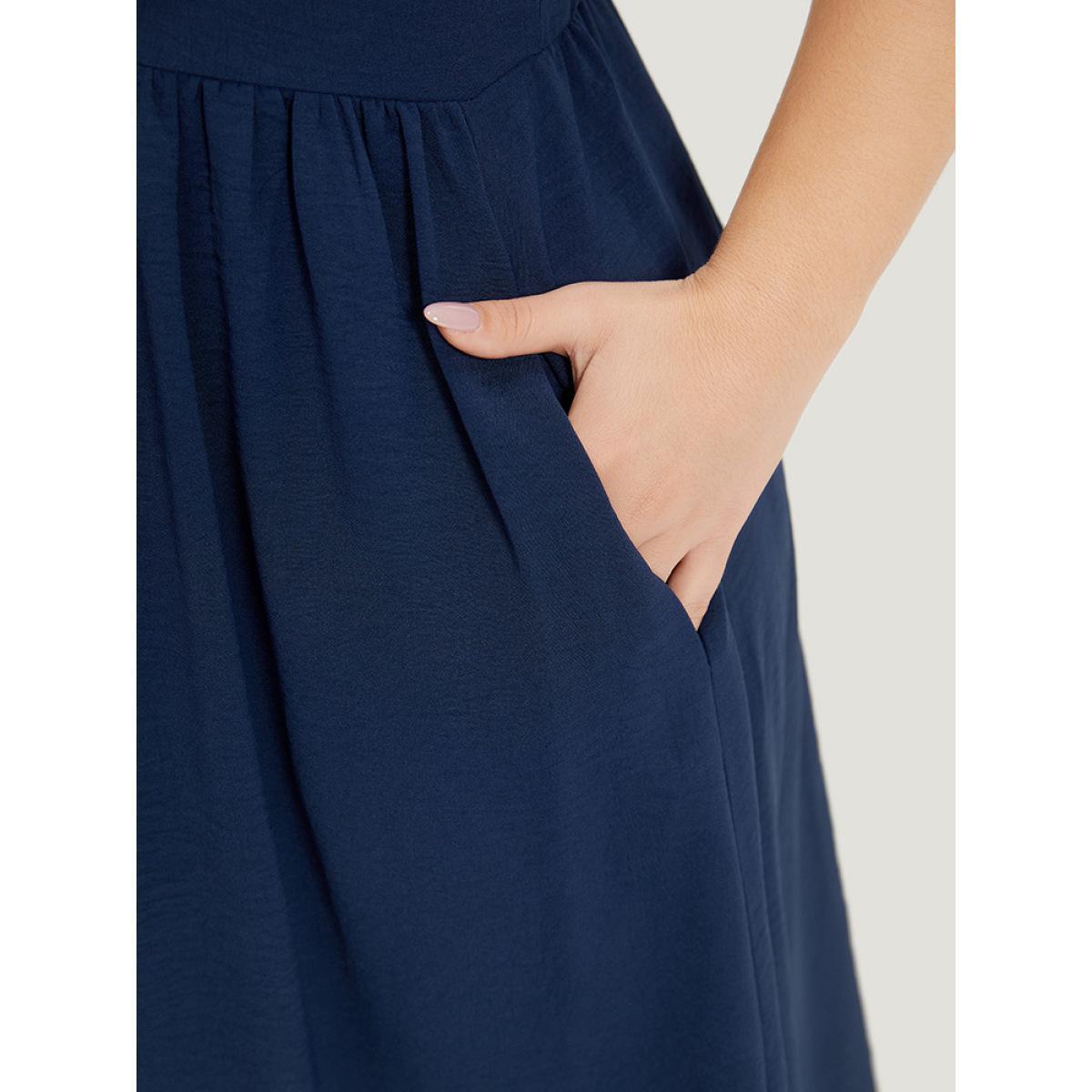 Plus Size Contrast Trim Pocket Button Detail Gathered Cami Dress Indigo Women Office Adjustable Straps Spaghetti Strap Sleeveless Curvy Midi Dress BloomChic 10/M Product Image