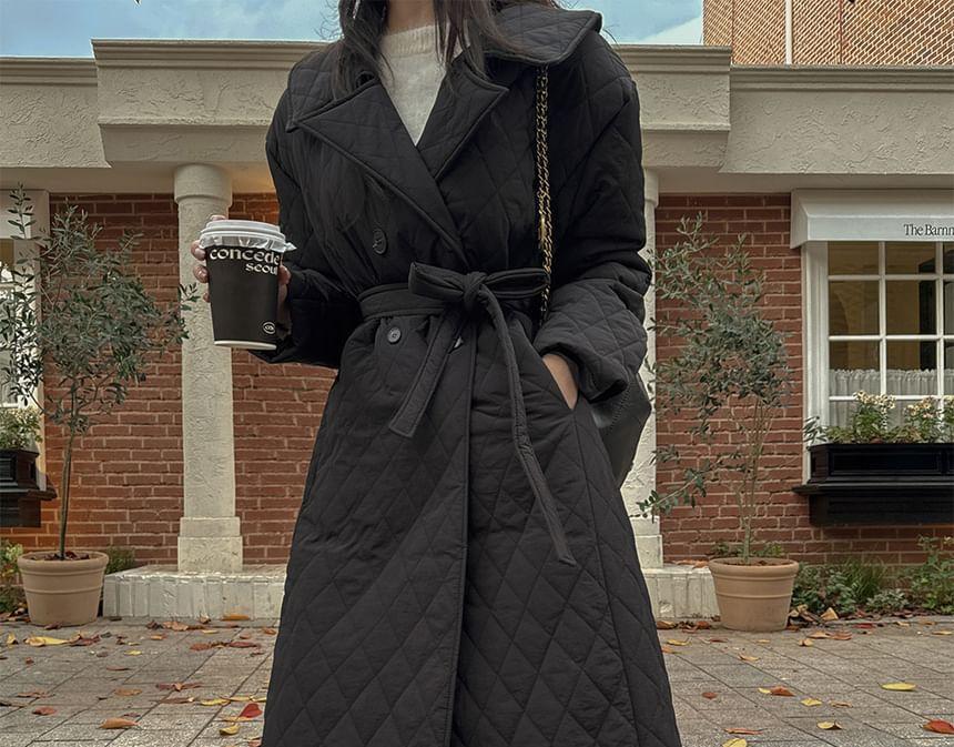 Long Sleeve Lapel Neck Quilted Belted Long Coat Product Image