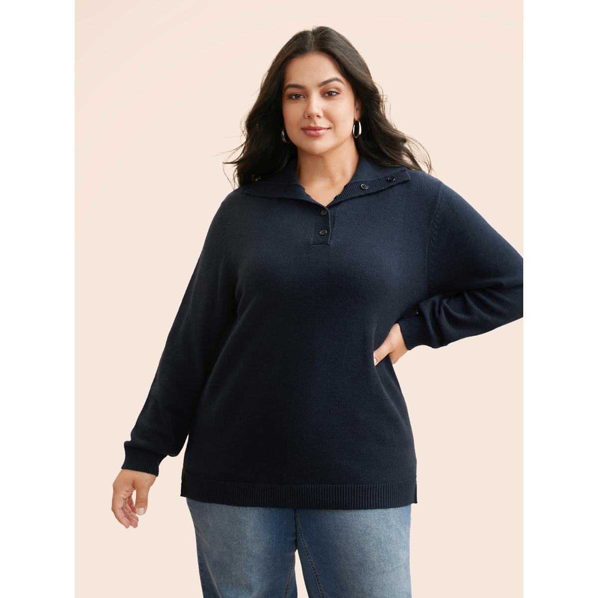 Plus Size Airy Cozy Lapel Collar Button Up Pullover Midnight Women Casual Long Sleeve Lapel Collar Everyday Pullovers BloomChic 22-24/3X Product Image