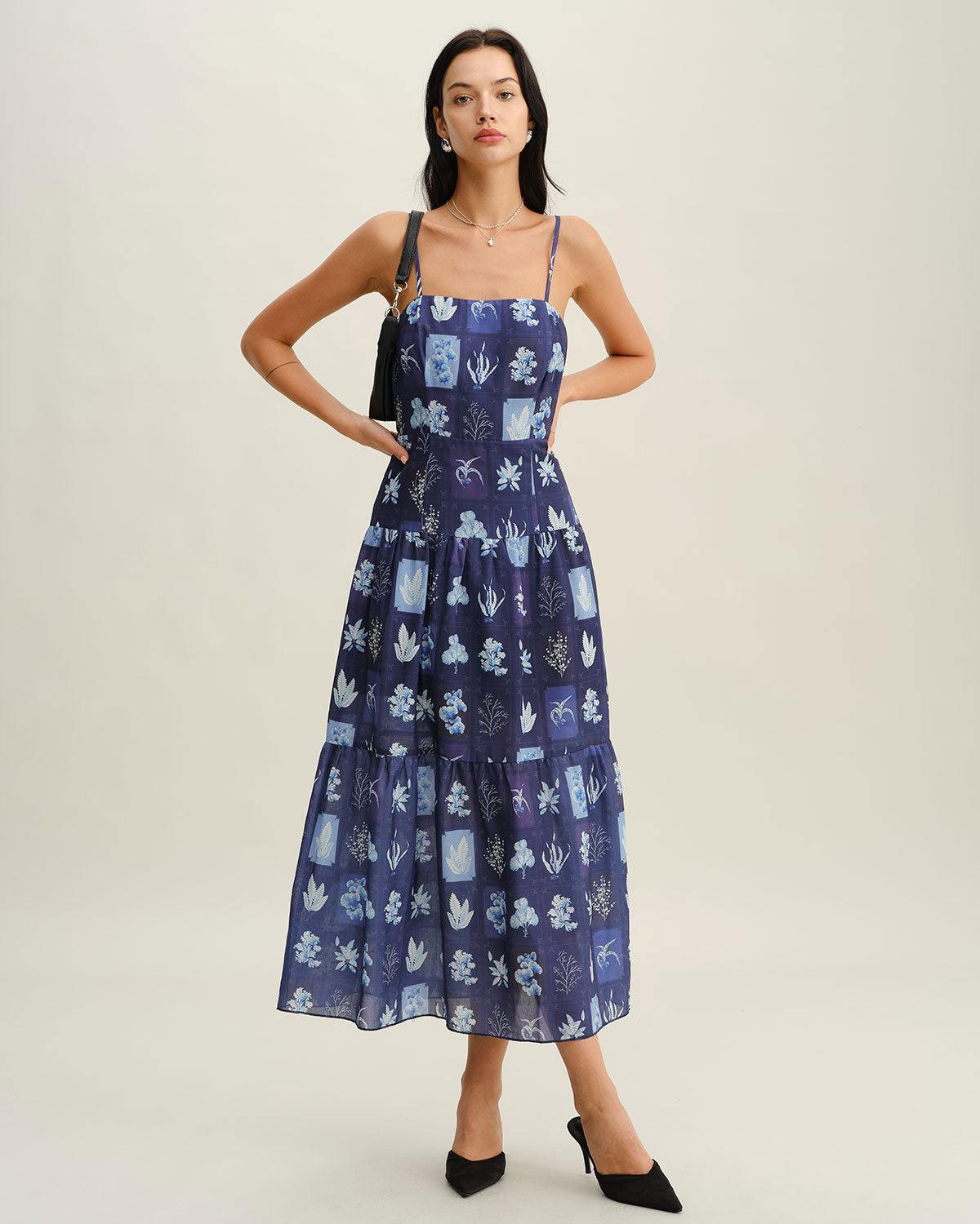 Blue Floral Ruched Bohemian Slip Maxi Dress Product Image