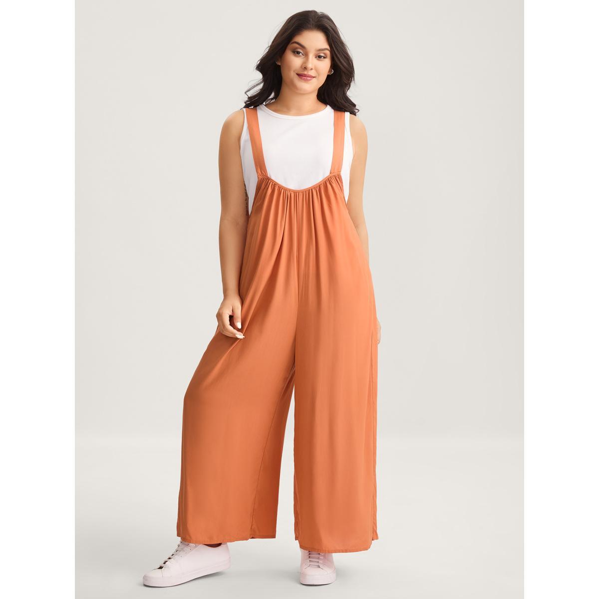 Plus Size OrangeRed Rayon Backless Adjustable Straps Jumpsuit Women Sleeveless Non Everyday-Casual Loose Jumpsuits BloomChic 18-20/2X Product Image