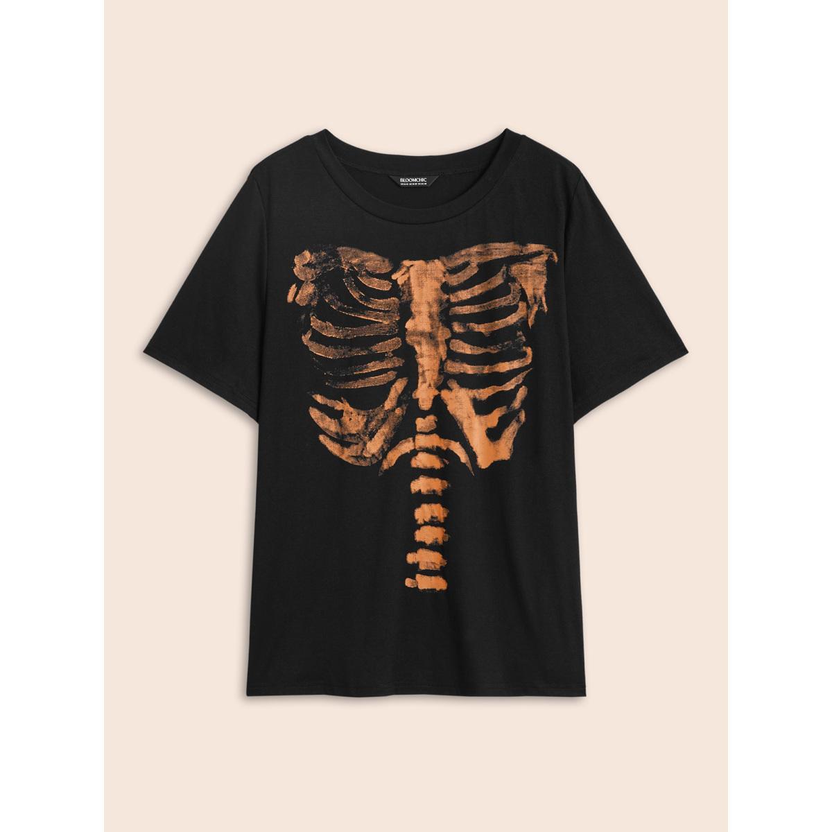 Plus Size Skeleton Printed Slim-Fit T-shirt Black Women Casual Non Halloween Round Neck Everyday T-shirts BloomChic 22-24/3X Product Image