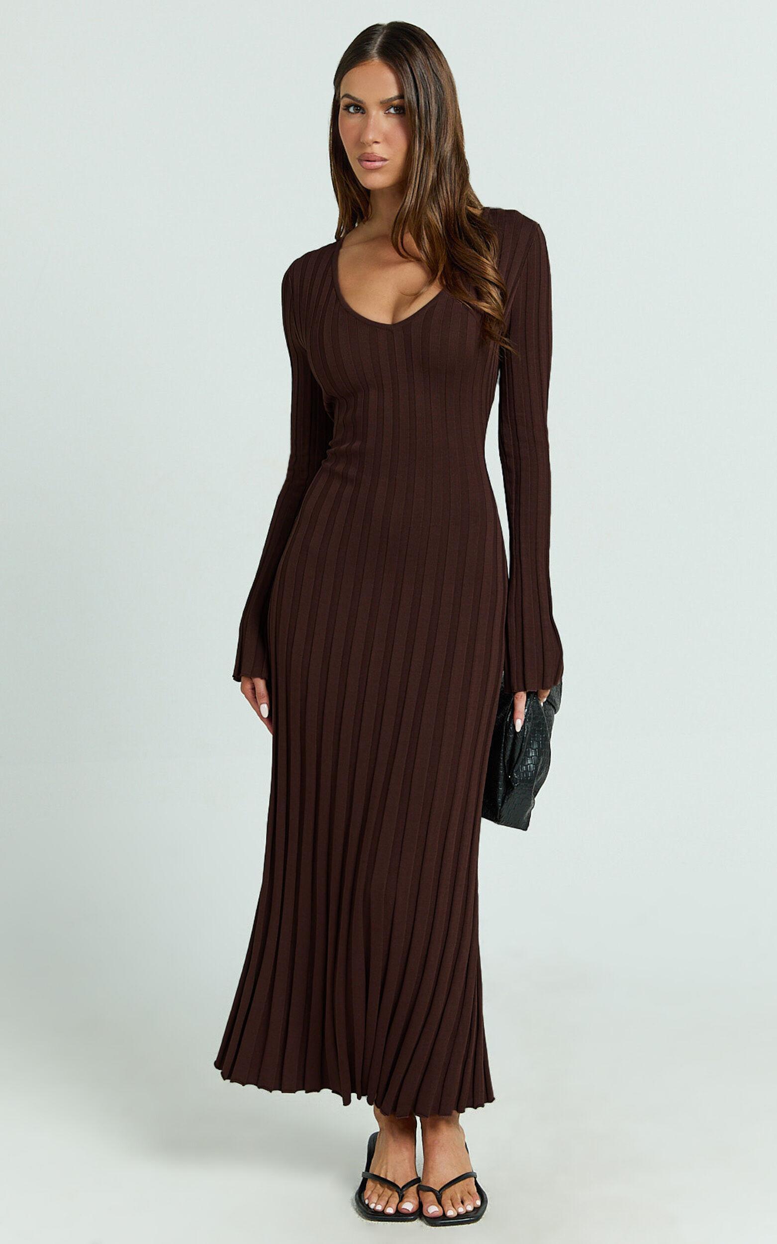 Astra Maxi Dress - V Neck Long Sleeve Knit Dress in Chocolate Product Image