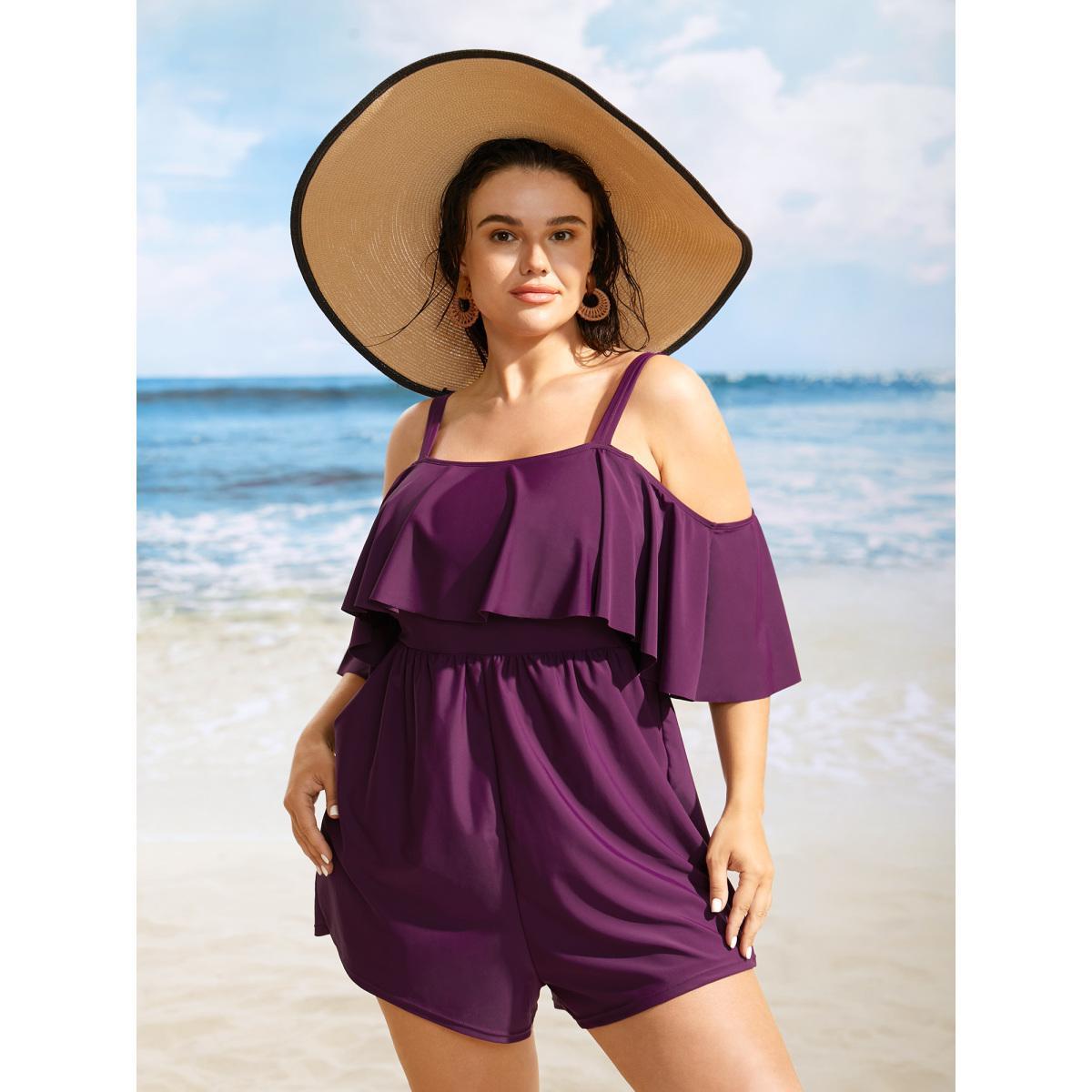 Plus Size Solid One Shoulder Neck Ruffle Trim One Piece Swimsuit Women's Swimwear Deeppurplered Beach Gathered Curve Bathing Suits High stretch One Pieces BloomChic 18-20/2X Product Image