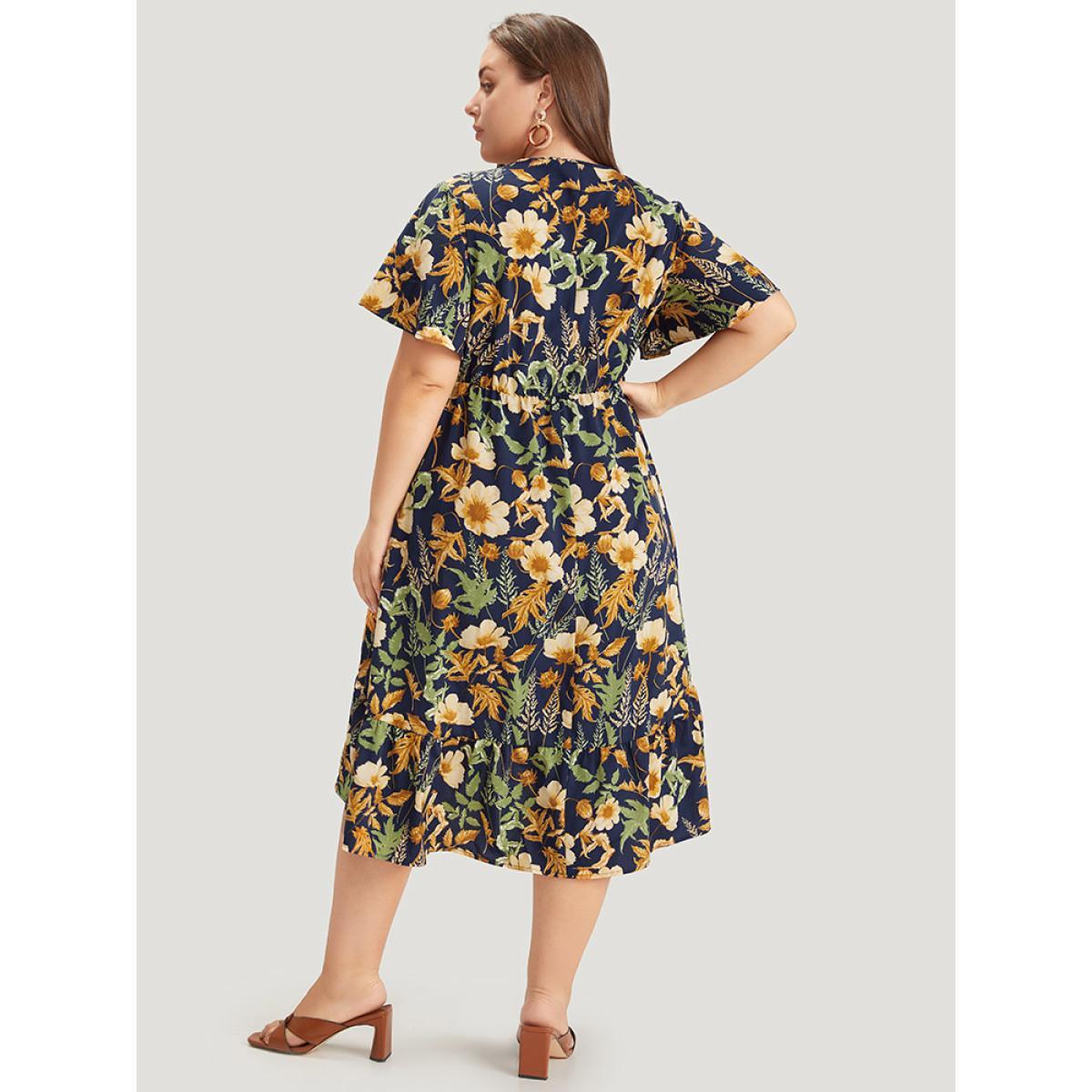 Plus Size Floral Print V Neck Pocket Ruffles Layered Hem Dress Yellow Women Elegant Tiered V-neck Short sleeve Curvy Midi Dress BloomChic 22-24/3X Product Image