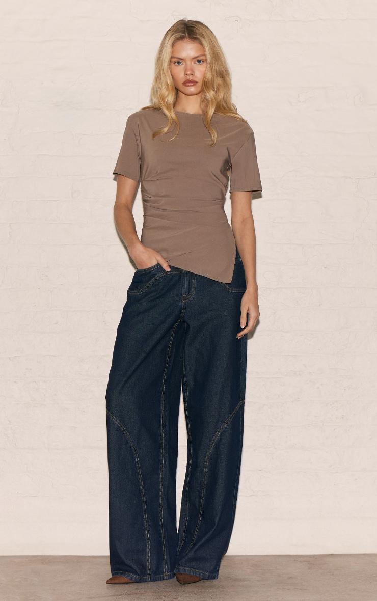 Taupe Bengaline Ruched Asymmetric Detail Long Top Product Image