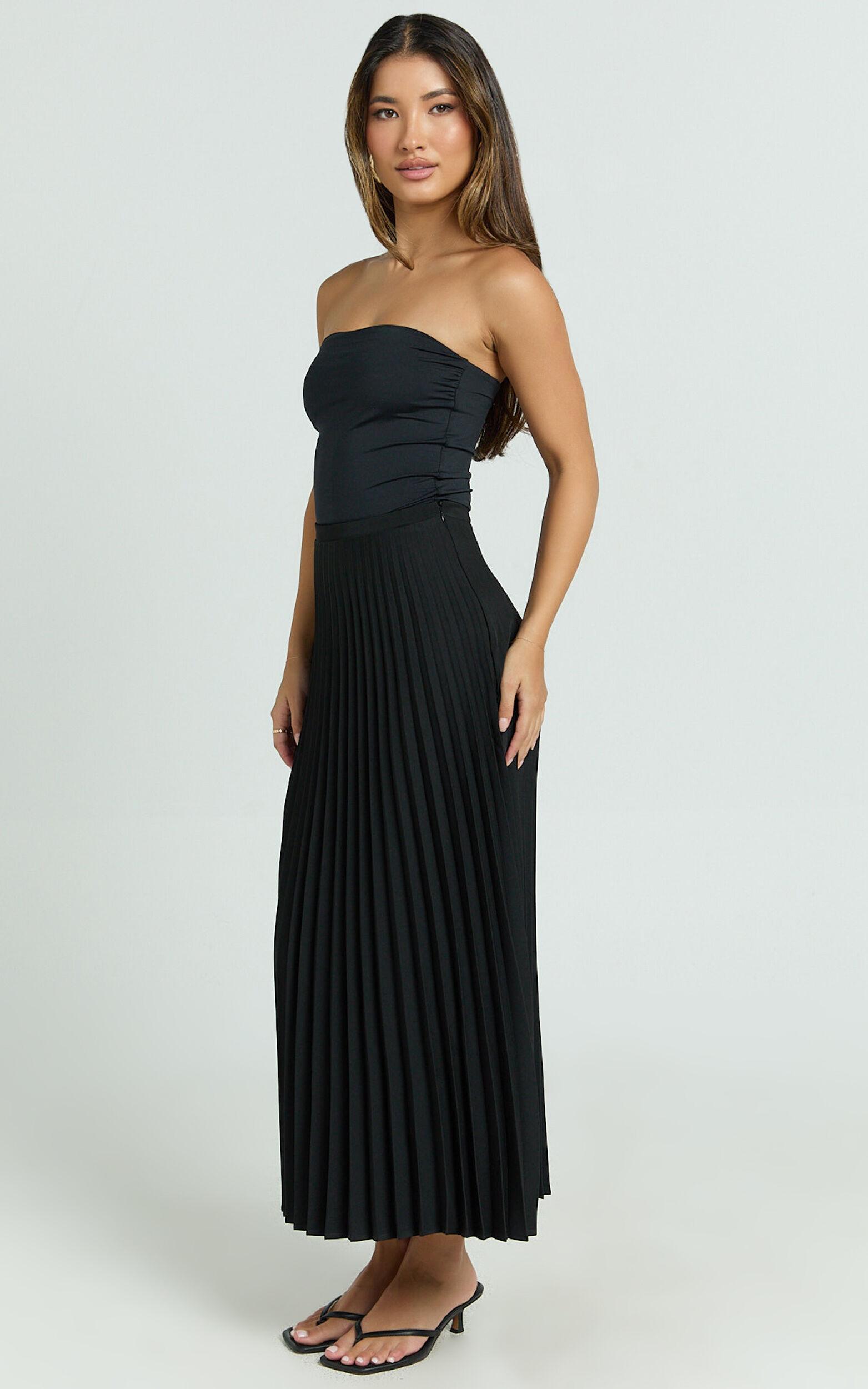 Harlee Midi Skirt - Pleated High Waist A Line Skirt in Black Product Image