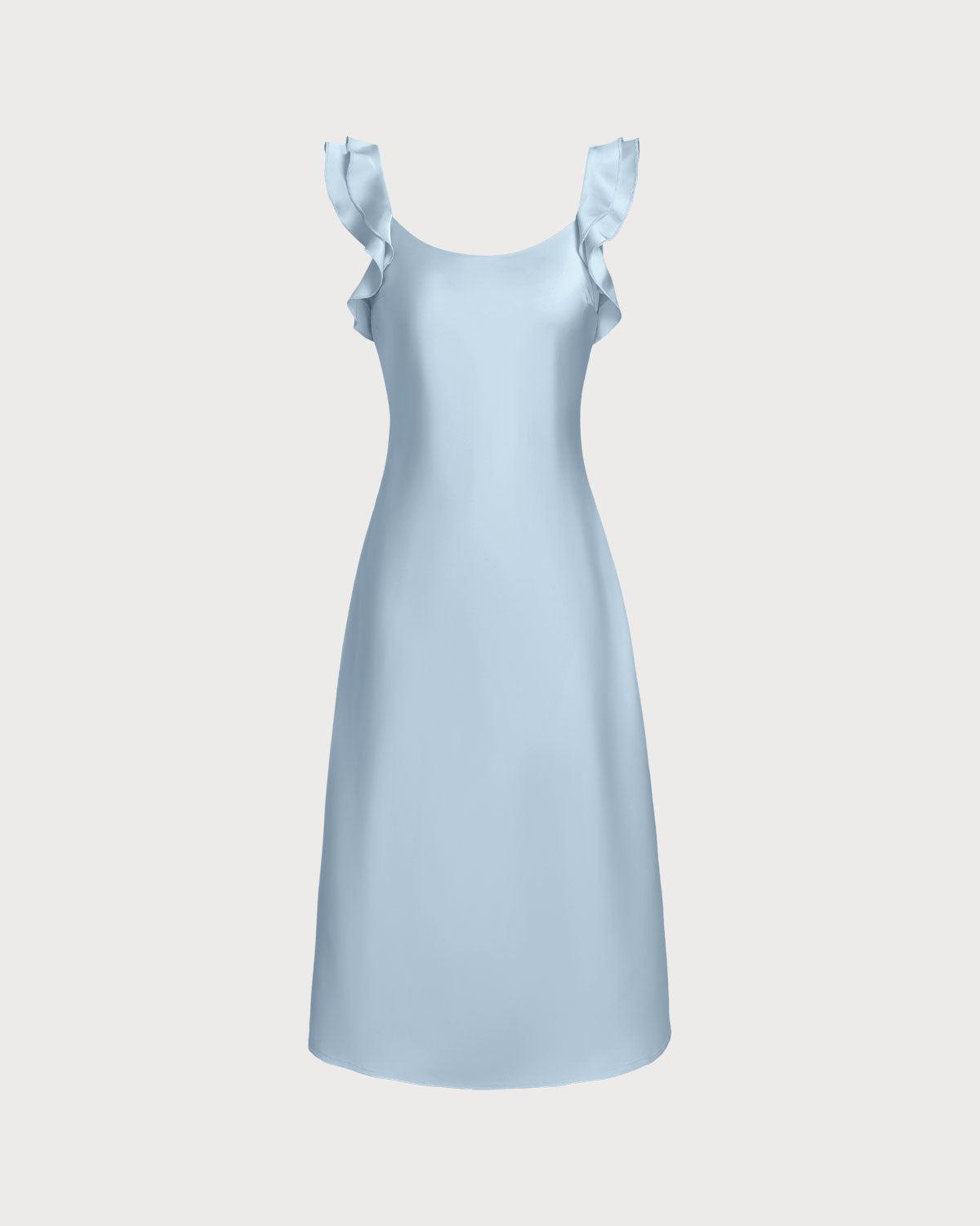 Blue Square Neck Ruffle Satin Midi Dress Product Image