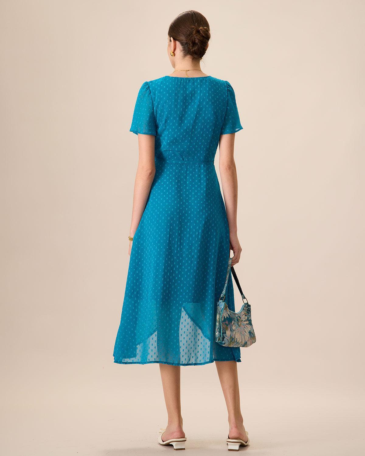 Women's Blue V-Neck Wrap Midi Dress Female Product Image