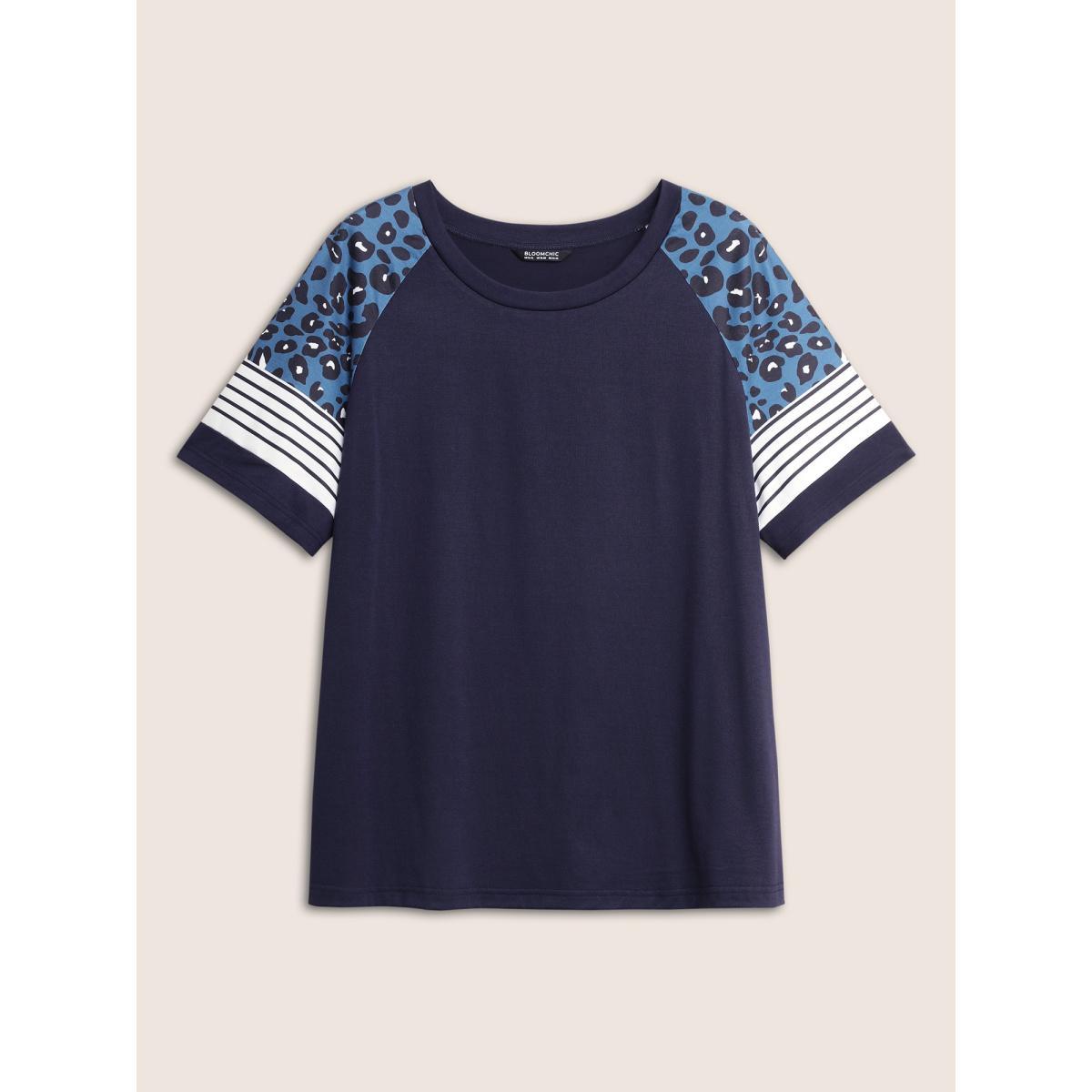 Plus Size Stripes Leopard Patchwork Raglan Sleeve T-shirt Midnight Women Casual Contrast Round Neck Everyday T-shirts BloomChic 14-16/1X Product Image