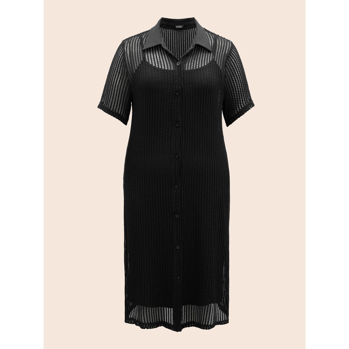 Plus Size Shirt Collar Button Up Midi Dress Black Women Casual Texture Shirt collar Short sleeve Curvy BloomChic 10/M Product Image